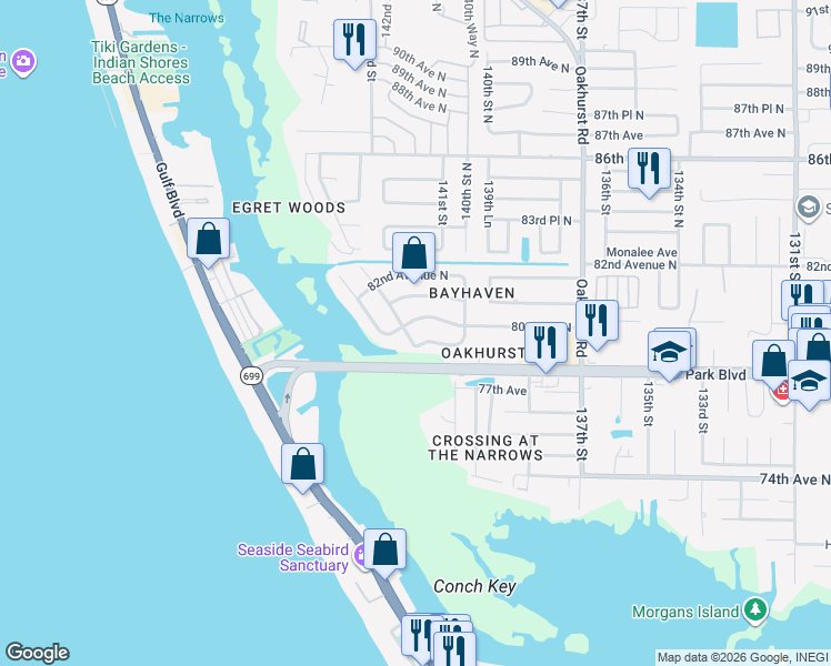 map of restaurants, bars, coffee shops, grocery stores, and more near 7955 Bayshore Drive in Seminole