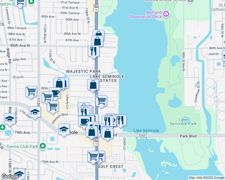 map of restaurants, bars, coffee shops, grocery stores, and more near 7903 Seminole Boulevard in Seminole