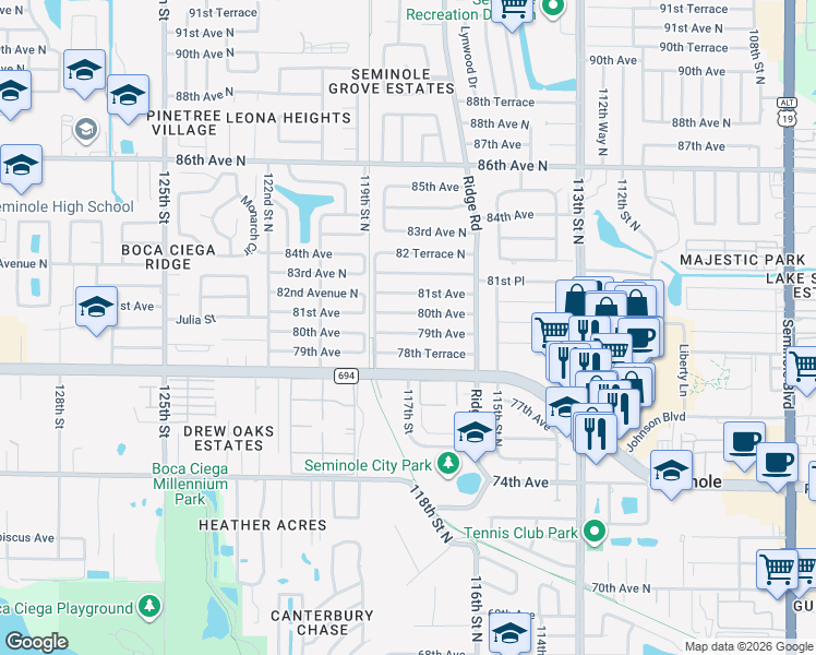 map of restaurants, bars, coffee shops, grocery stores, and more near 11711 78th Terrace in Seminole