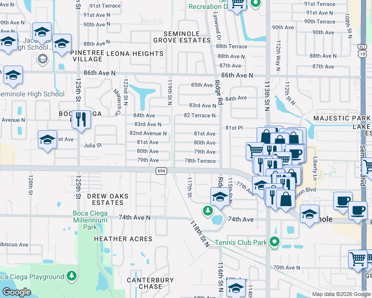 map of restaurants, bars, coffee shops, grocery stores, and more near 11785 78th Terrace in Seminole