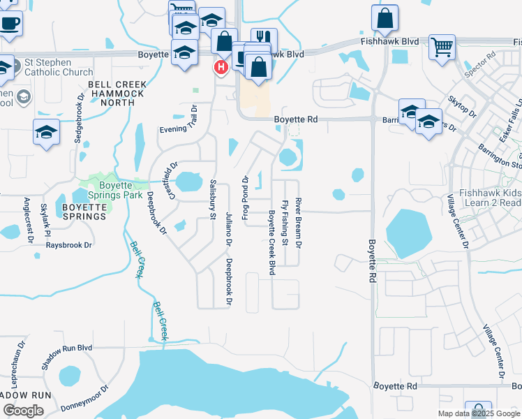 map of restaurants, bars, coffee shops, grocery stores, and more near 10434 Frog Pond Drive in Riverview
