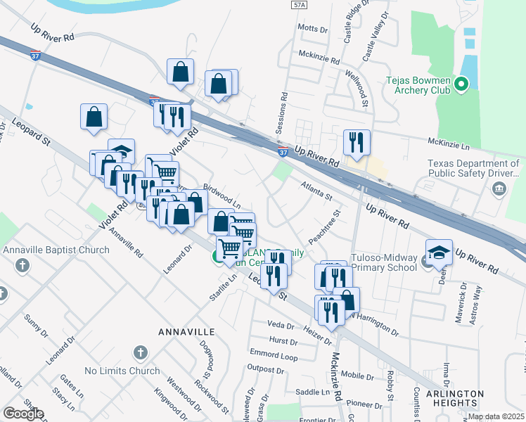 map of restaurants, bars, coffee shops, grocery stores, and more near 3108 Vicksburg Street in Corpus Christi