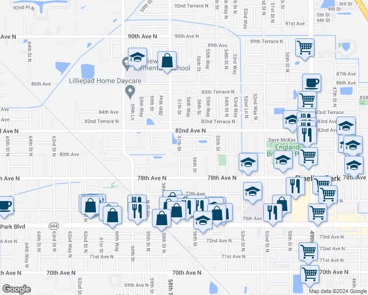 map of restaurants, bars, coffee shops, grocery stores, and more near 5660 81st Avenue in Pinellas Park