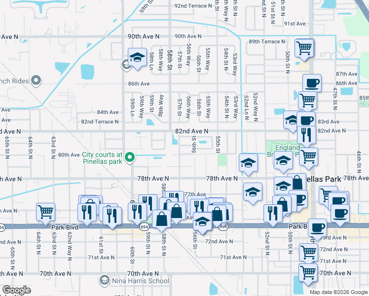 map of restaurants, bars, coffee shops, grocery stores, and more near 5690 80th Avenue in Pinellas Park