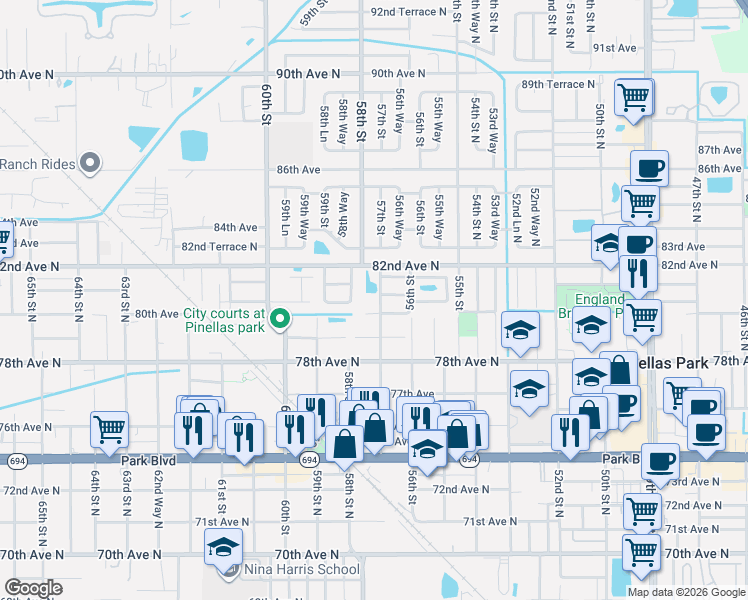 map of restaurants, bars, coffee shops, grocery stores, and more near 5690 80th Avenue in Pinellas Park