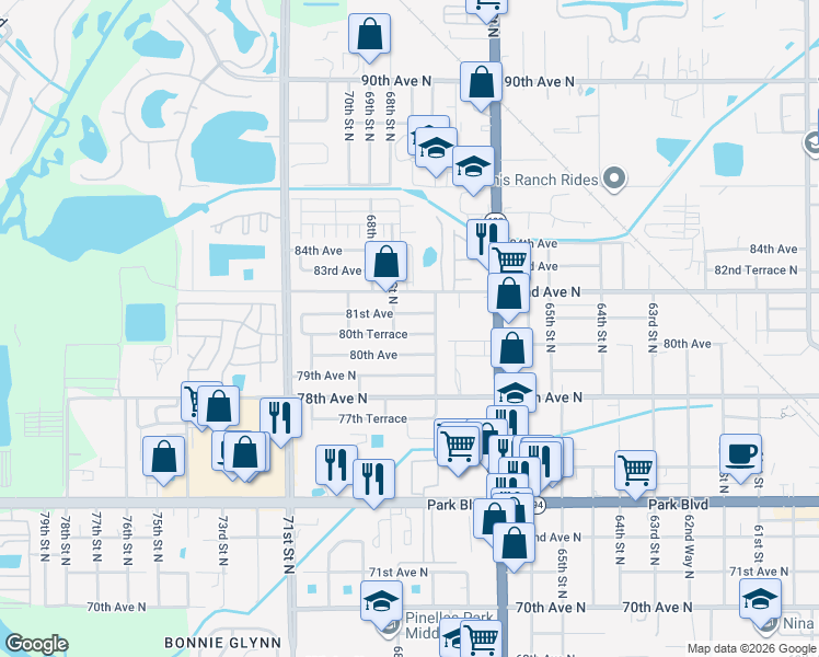map of restaurants, bars, coffee shops, grocery stores, and more near 6793 80th Avenue in Pinellas Park
