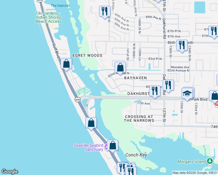 map of restaurants, bars, coffee shops, grocery stores, and more near 8010 Bayhaven Drive in Seminole