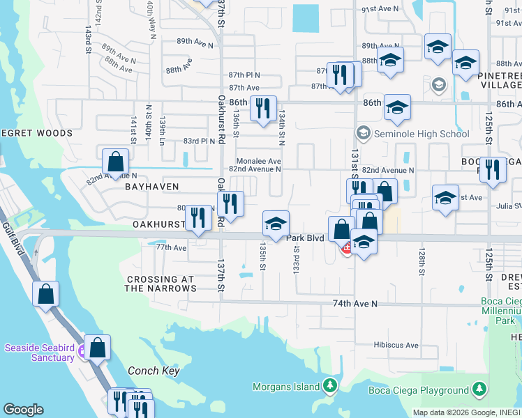 map of restaurants, bars, coffee shops, grocery stores, and more near 7890 134th Street North in Seminole