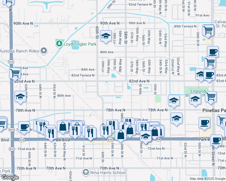 map of restaurants, bars, coffee shops, grocery stores, and more near 8040 59th Street North in Pinellas Park