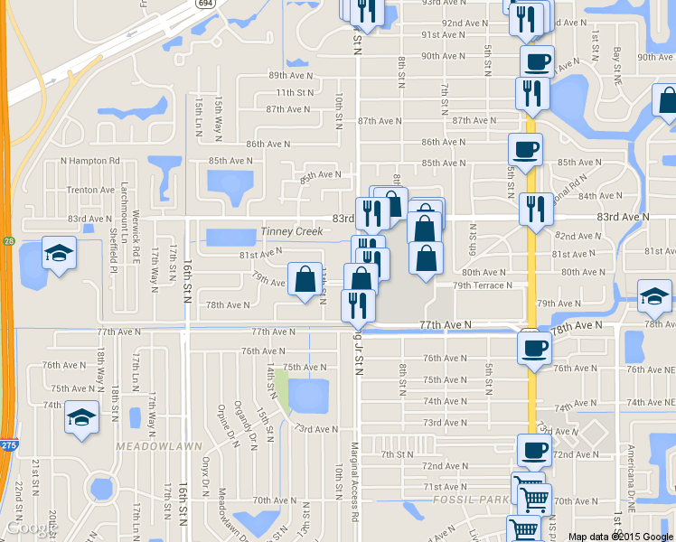 map of restaurants, bars, coffee shops, grocery stores, and more near 124 11th Street North in St. Petersburg