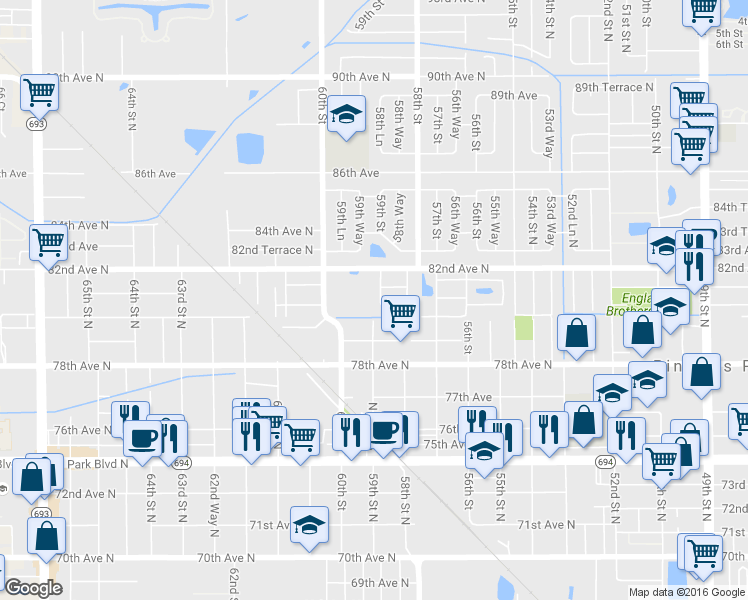 map of restaurants, bars, coffee shops, grocery stores, and more near 5905 81st Place North in Pinellas Park