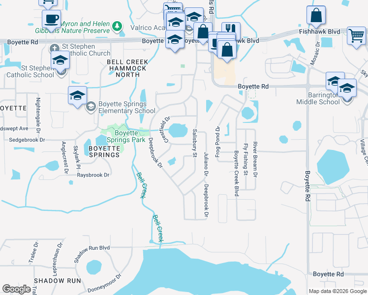 map of restaurants, bars, coffee shops, grocery stores, and more near 10457 Crestfield Drive in Riverview