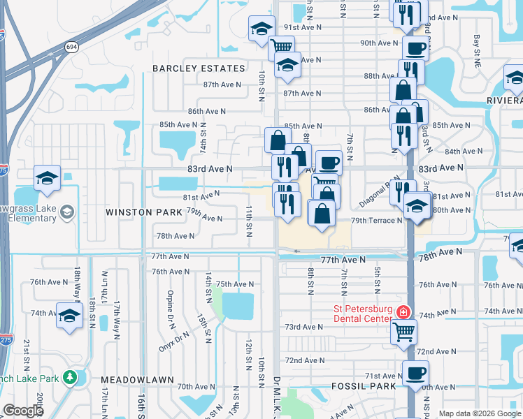 map of restaurants, bars, coffee shops, grocery stores, and more near 1051 79th Avenue North in Saint Petersburg