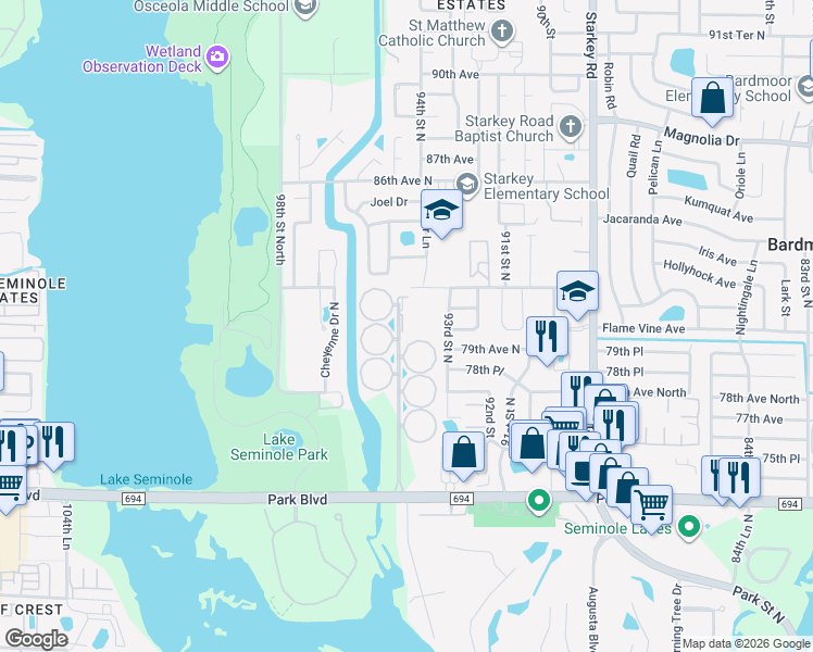map of restaurants, bars, coffee shops, grocery stores, and more near 8101 Garden Drive in Seminole