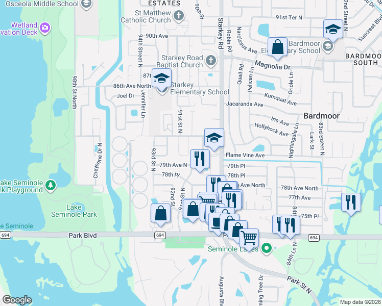 map of restaurants, bars, coffee shops, grocery stores, and more near 8025 Artisan circle in Seminole