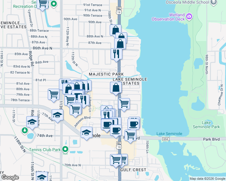 map of restaurants, bars, coffee shops, grocery stores, and more near 10761 Grove Terrace in Seminole