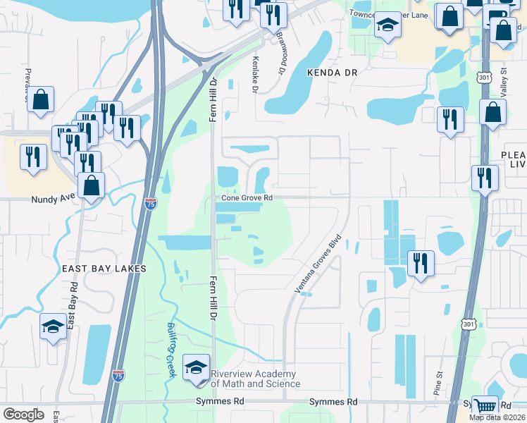 map of restaurants, bars, coffee shops, grocery stores, and more near 10604 Strawberry Tetra Drive in Riverview