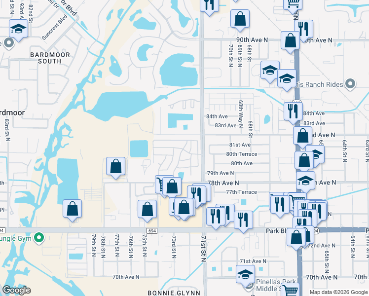 map of restaurants, bars, coffee shops, grocery stores, and more near 7275 80th Terrace in Pinellas Park