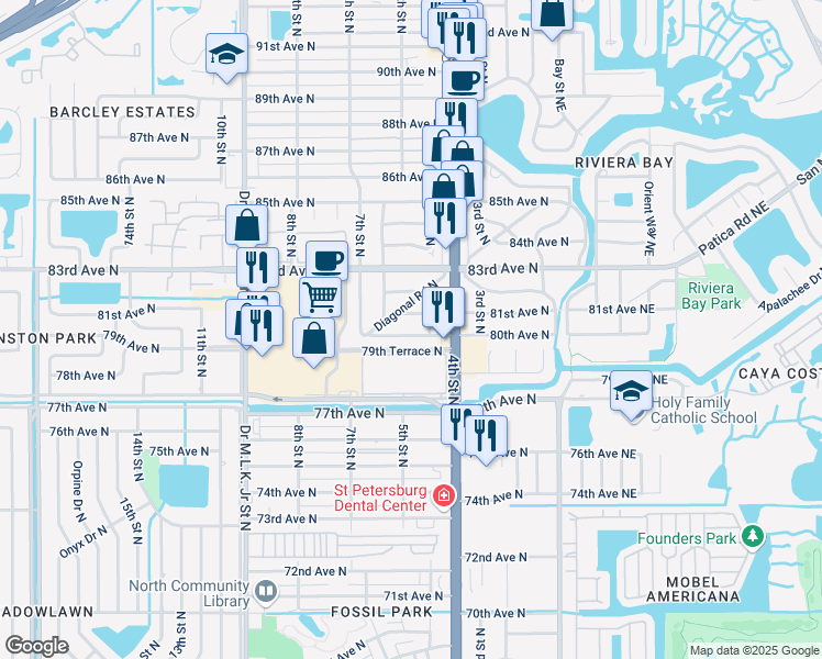 map of restaurants, bars, coffee shops, grocery stores, and more near 55 Diagonal Road North in St. Petersburg