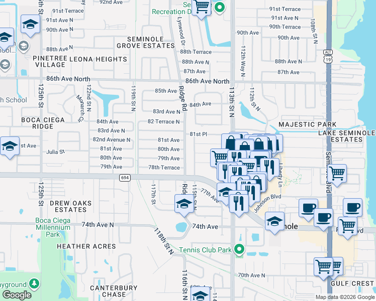 map of restaurants, bars, coffee shops, grocery stores, and more near 8001 Ridge Road in Seminole
