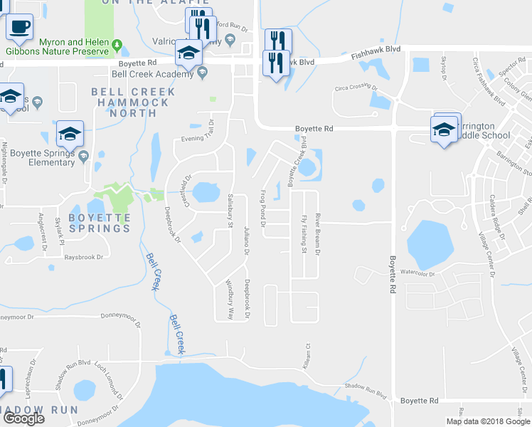 map of restaurants, bars, coffee shops, grocery stores, and more near 13501 Red Ear Court in Riverview