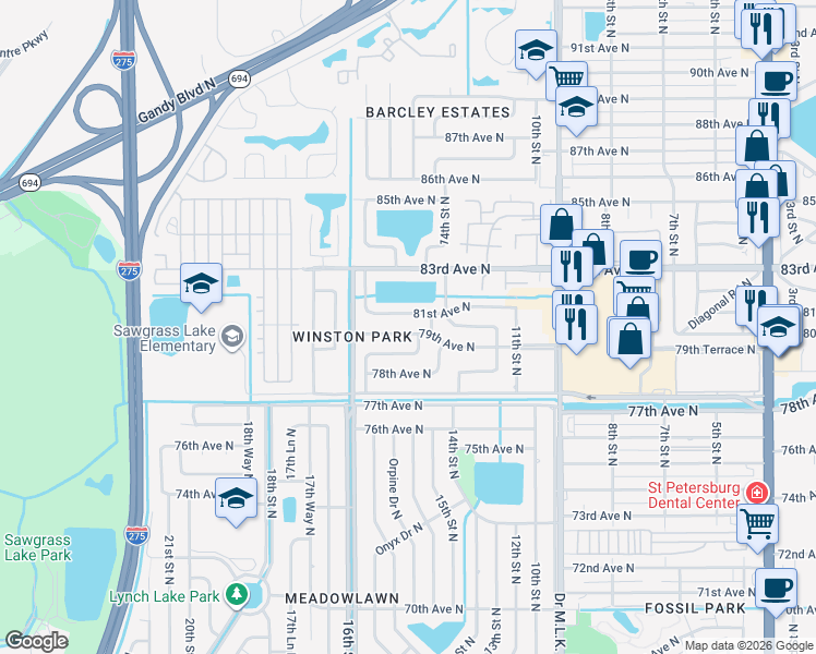 map of restaurants, bars, coffee shops, grocery stores, and more near 1501 81st Avenue North in St. Petersburg