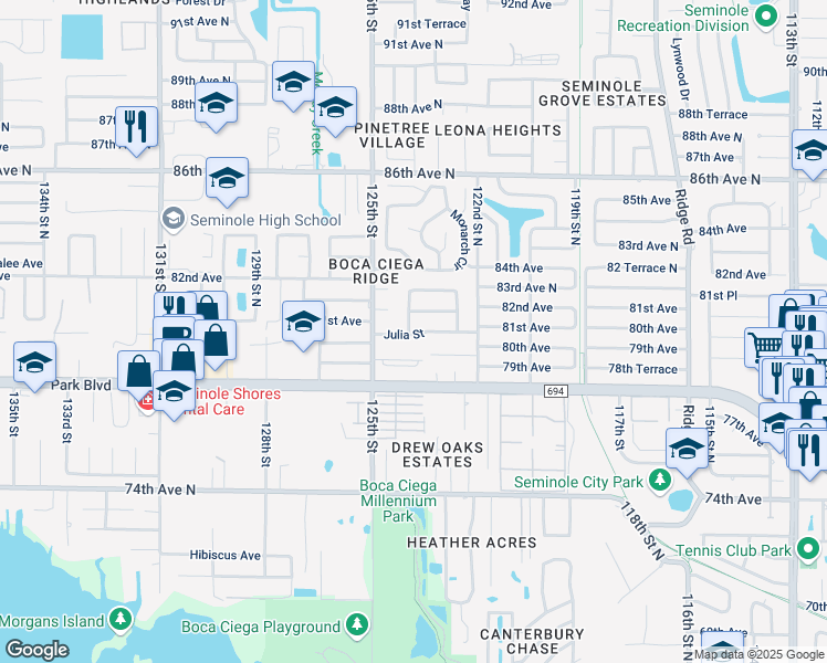 map of restaurants, bars, coffee shops, grocery stores, and more near 8042 124th Street North in Seminole