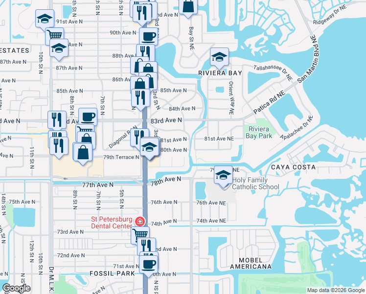 map of restaurants, bars, coffee shops, grocery stores, and more near 8030 Riverside Drive North in St. Petersburg