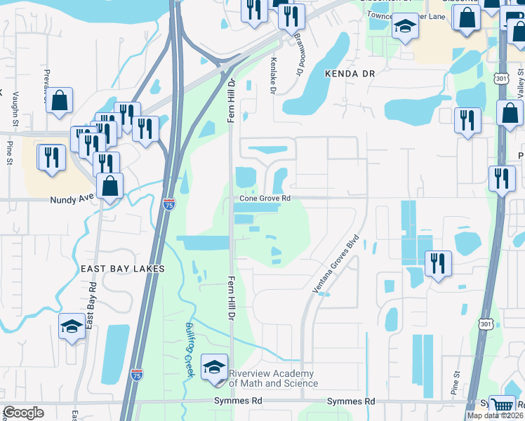 map of restaurants, bars, coffee shops, grocery stores, and more near 10620 Fuzzy Cattail Street in Riverview