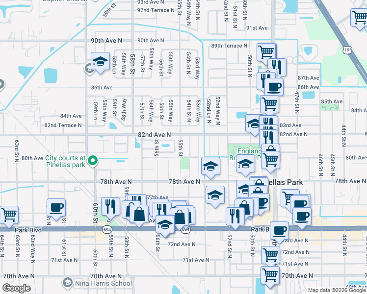 map of restaurants, bars, coffee shops, grocery stores, and more near 8151 55th Way North in Pinellas Park