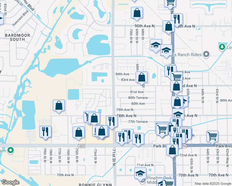 map of restaurants, bars, coffee shops, grocery stores, and more near 8080 70th Street in Pinellas Park