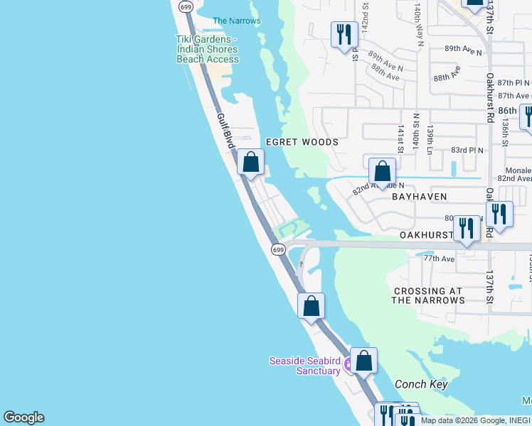 map of restaurants, bars, coffee shops, grocery stores, and more near 19132 Whispering Pines Drive in Indian Shores