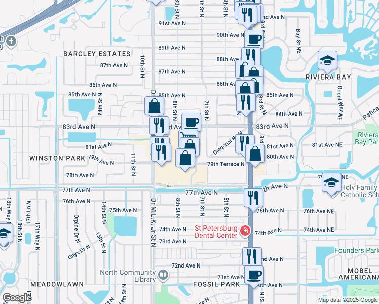 map of restaurants, bars, coffee shops, grocery stores, and more near 8051A Doctor Martin Luther King Junior Street North in St. Petersburg