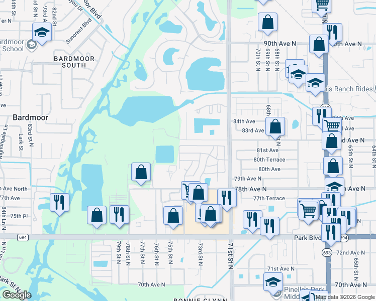 map of restaurants, bars, coffee shops, grocery stores, and more near 7332 81st Terrace in Pinellas Park