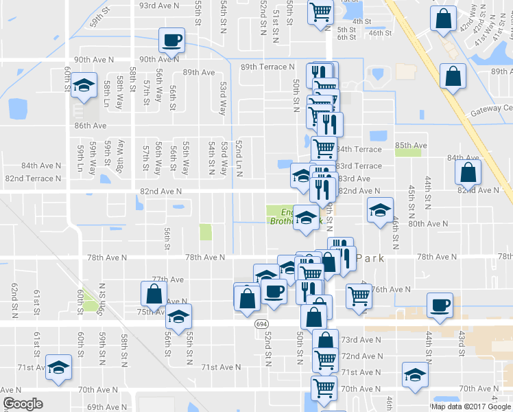map of restaurants, bars, coffee shops, grocery stores, and more near 8125 52nd Way North in Pinellas Park