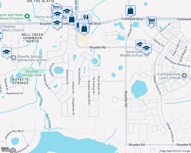 map of restaurants, bars, coffee shops, grocery stores, and more near 10408 Fly Fishing Street in Riverview
