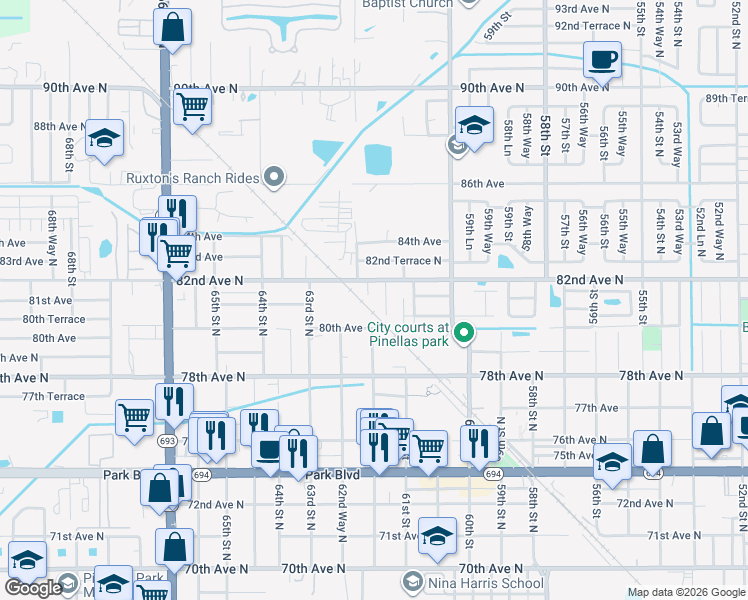 map of restaurants, bars, coffee shops, grocery stores, and more near 6188 82nd Avenue Court North in Pinellas Park