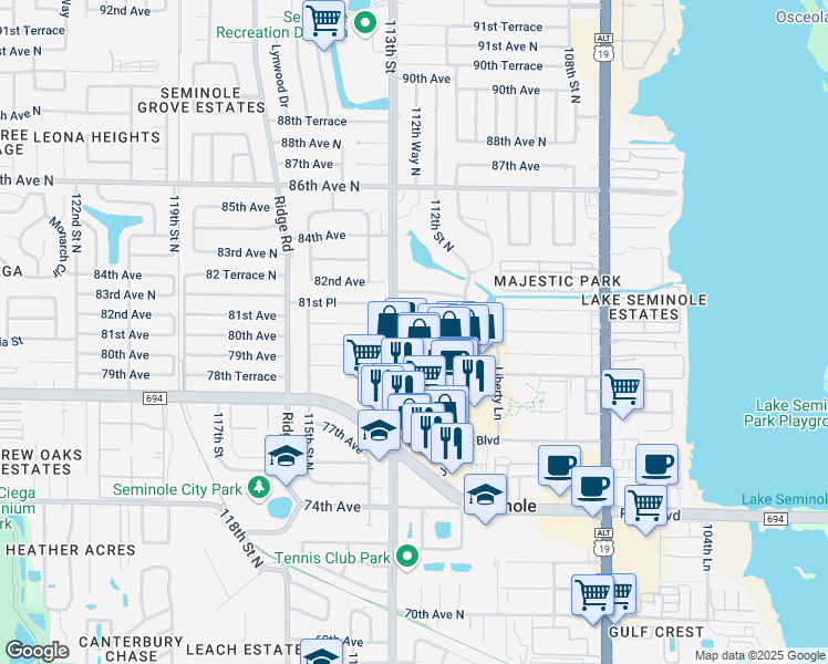 map of restaurants, bars, coffee shops, grocery stores, and more near 11201 80th Avenue in Seminole