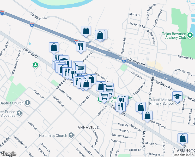 map of restaurants, bars, coffee shops, grocery stores, and more near 11009 Birdwood Lane in Corpus Christi