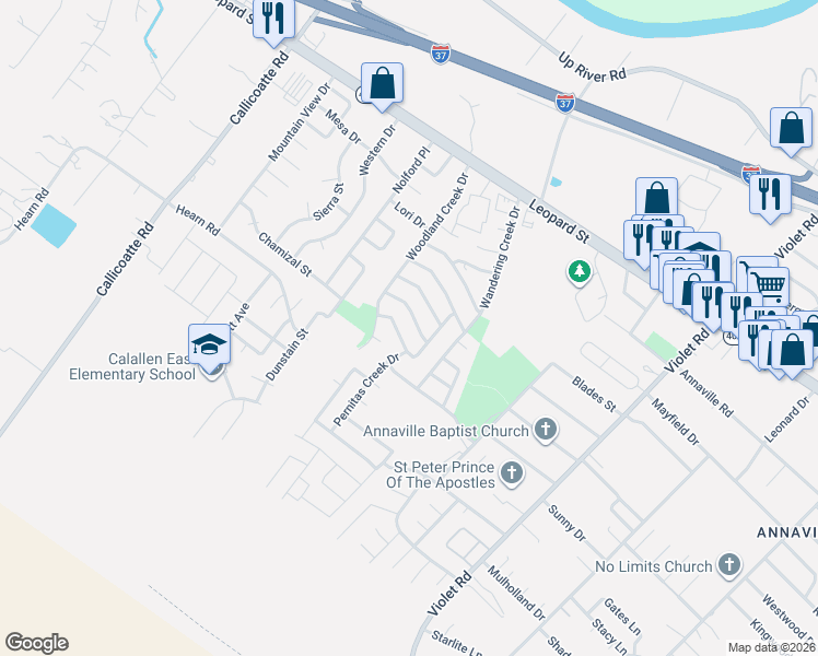 map of restaurants, bars, coffee shops, grocery stores, and more near 11630 Caliche Creek Drive in Corpus Christi