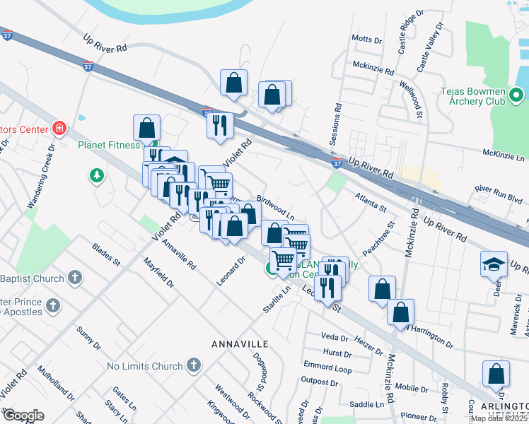 map of restaurants, bars, coffee shops, grocery stores, and more near 11009 Birdwood Lane in Corpus Christi