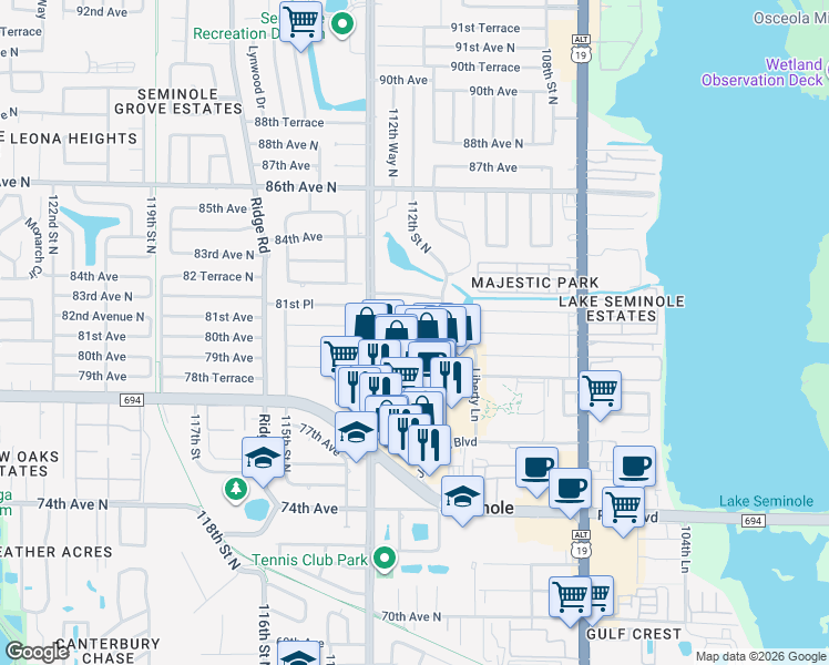map of restaurants, bars, coffee shops, grocery stores, and more near 11201 80th Avenue in Seminole