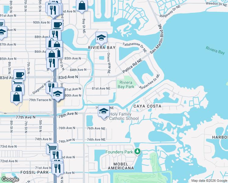 map of restaurants, bars, coffee shops, grocery stores, and more near 8096 Macoma Drive Northeast in St. Petersburg