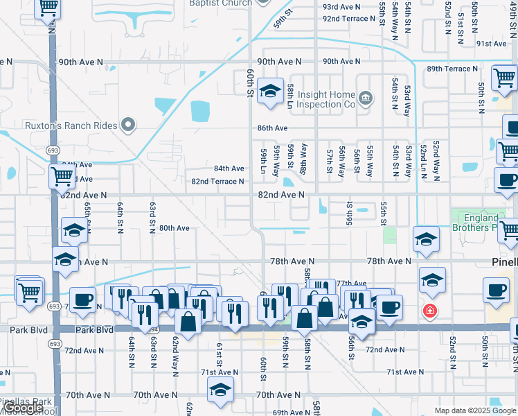 map of restaurants, bars, coffee shops, grocery stores, and more near 8105 60th Street in Pinellas Park