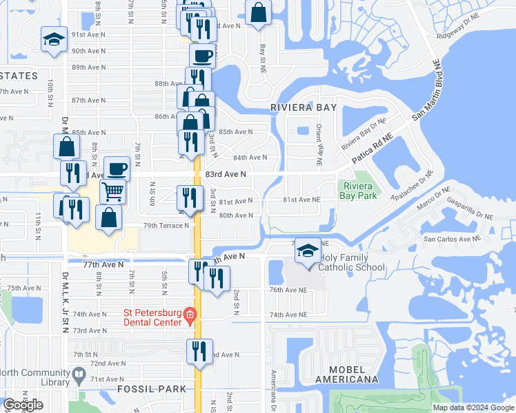 map of restaurants, bars, coffee shops, grocery stores, and more near 8020 Riverside Drive North in St. Petersburg