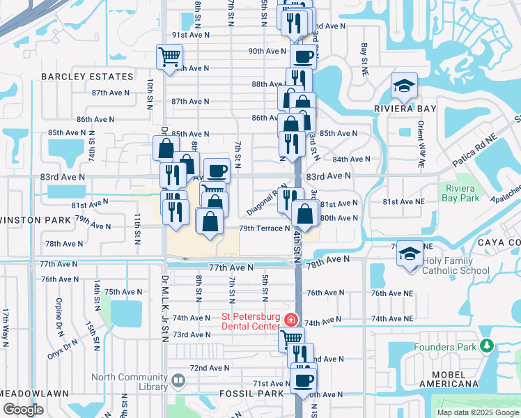 map of restaurants, bars, coffee shops, grocery stores, and more near 55 Diagonal Road North in St. Petersburg