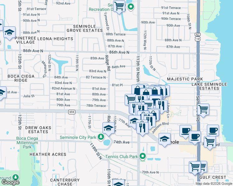 map of restaurants, bars, coffee shops, grocery stores, and more near 8065 115th Street North in Seminole