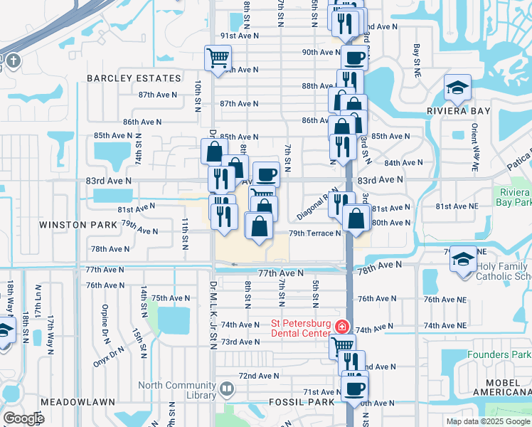 map of restaurants, bars, coffee shops, grocery stores, and more near 8051A Doctor Martin Luther King Junior Street North in St. Petersburg