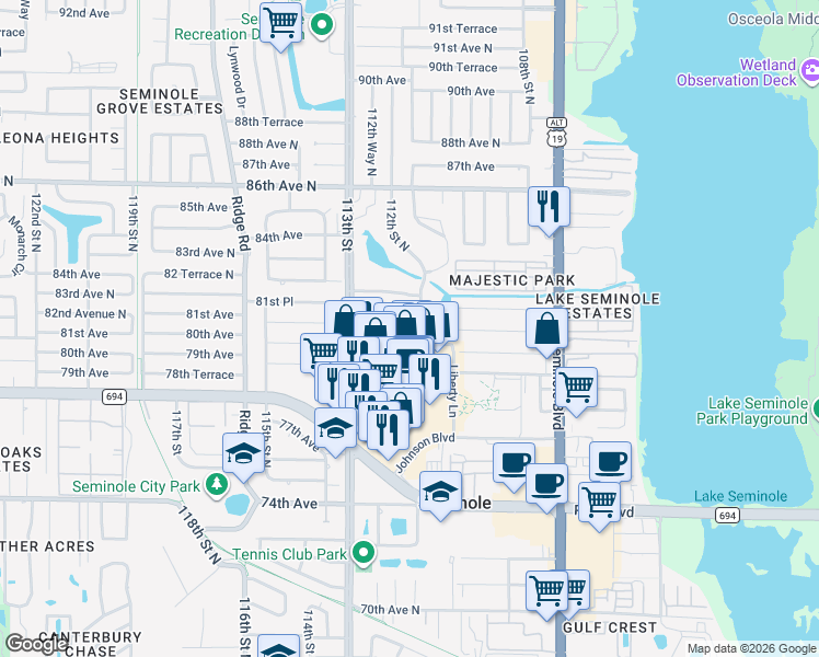 map of restaurants, bars, coffee shops, grocery stores, and more near 303 112th Street North in Seminole