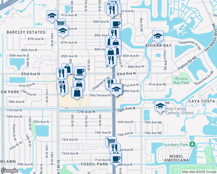 map of restaurants, bars, coffee shops, grocery stores, and more near 8031 5th Street North in St. Petersburg